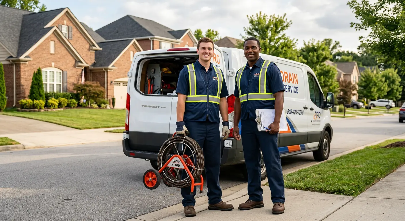 Sewer and drain service team with equipment ready for work in Godfrey
