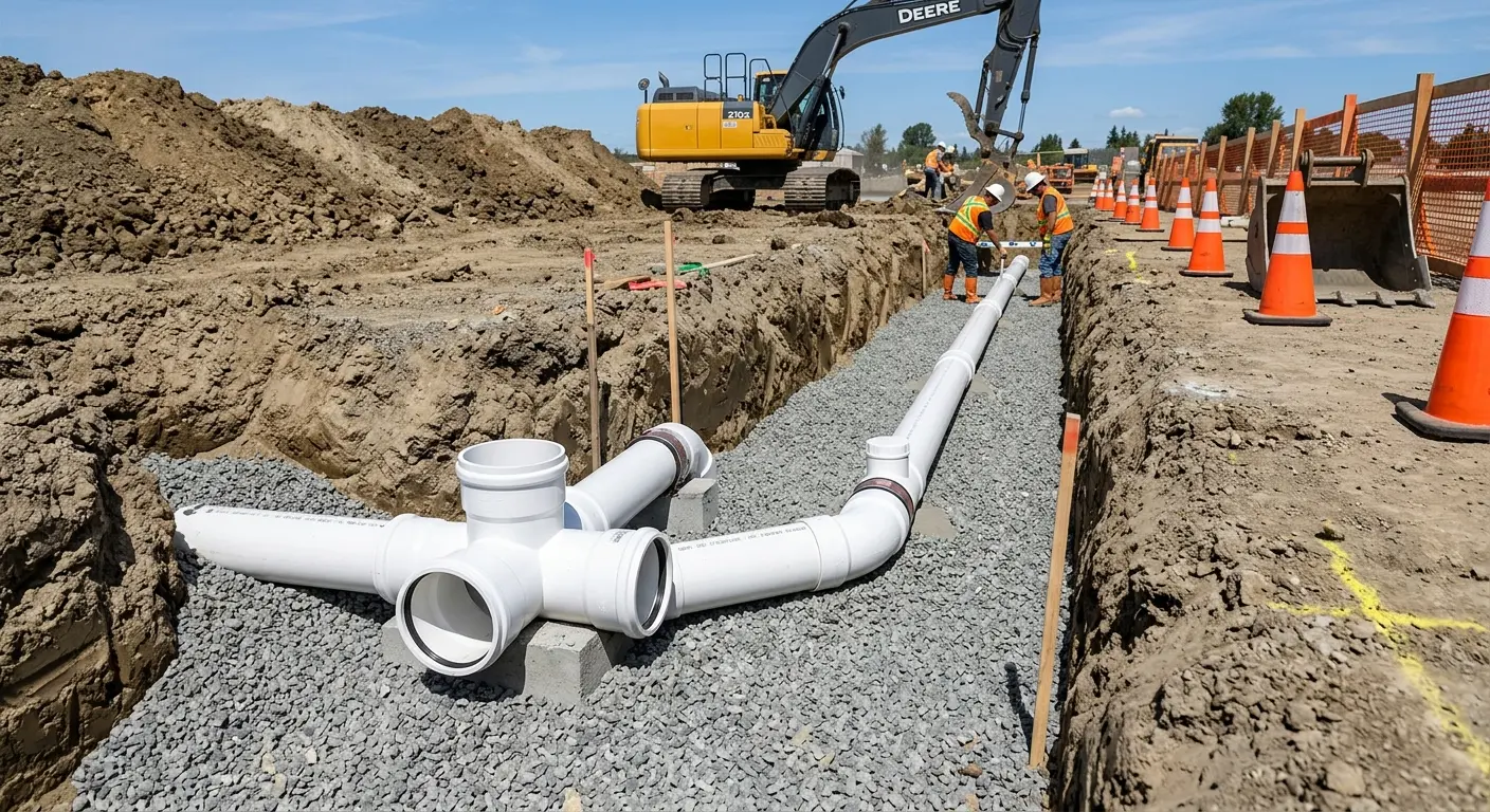 New PVC sewer pipe installation in open trench for Commercial Drain Cleaning in Godfrey