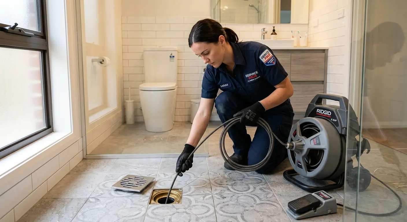 Technician clearing a bathroom floor drain for Sewer Line Replacement in Godfrey